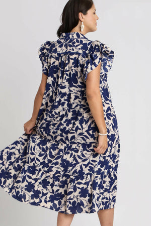 Umgee Full Size Floral Collared Ruffle Cap Sleeve Midi Dress Plus Size - StyleLure