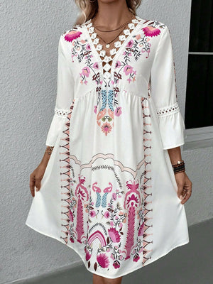 Lace Detail Printed Three-Quarter Sleeve Dress - StyleLure
