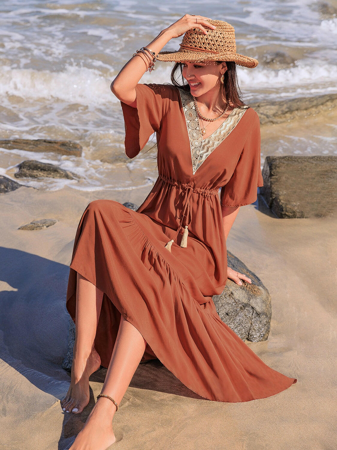 Ruffled Tassel V-Neck Flutter Sleeve Dress - StyleLure