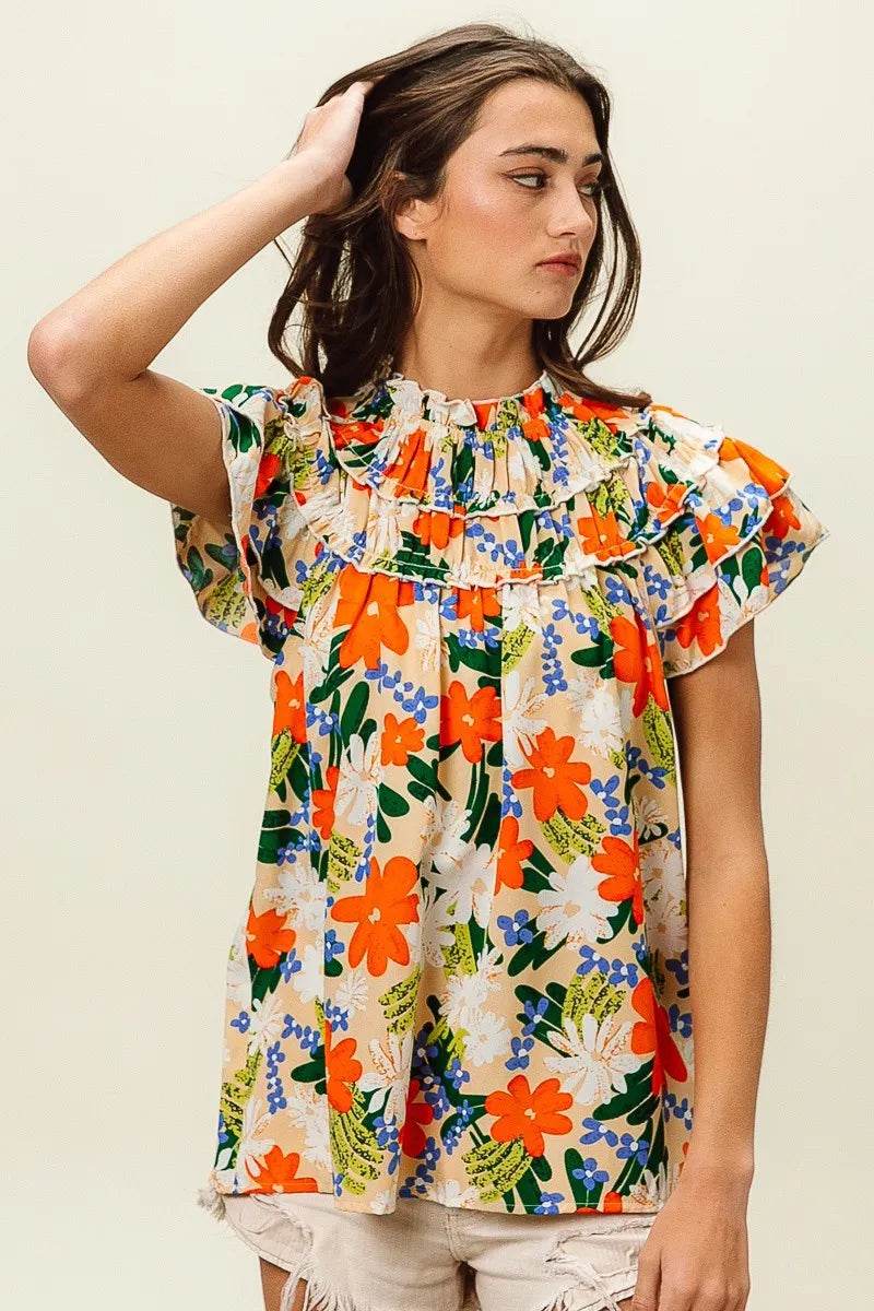 BiBi Multi Color Floral Print Woven Top - StyleLure
