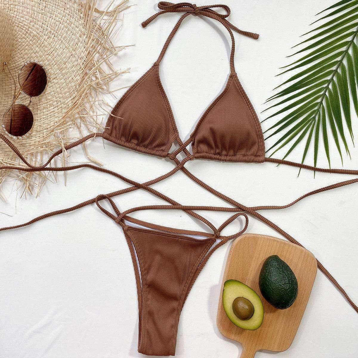 Halter Neck Crisscross Ribbed Bikini Set - StyleLure