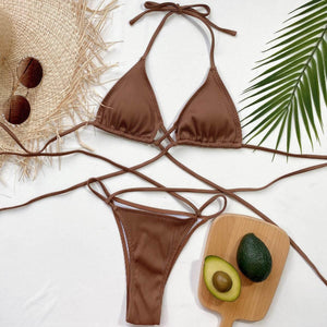 Halter Neck Crisscross Ribbed Bikini Set - StyleLure