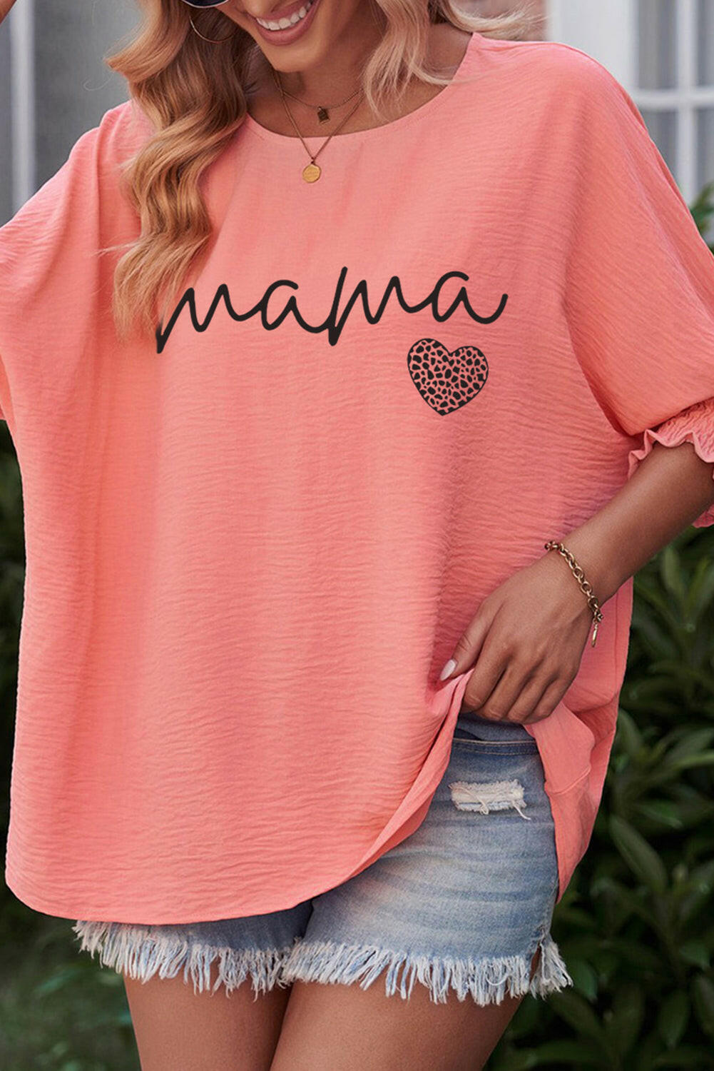 MAMA Round Neck Lantern Sleeve Blouse - StyleLure