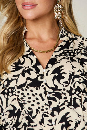 Double Take Full Size Printed Ruffle Trim Balloon Sleeve Shirt - StyleLure