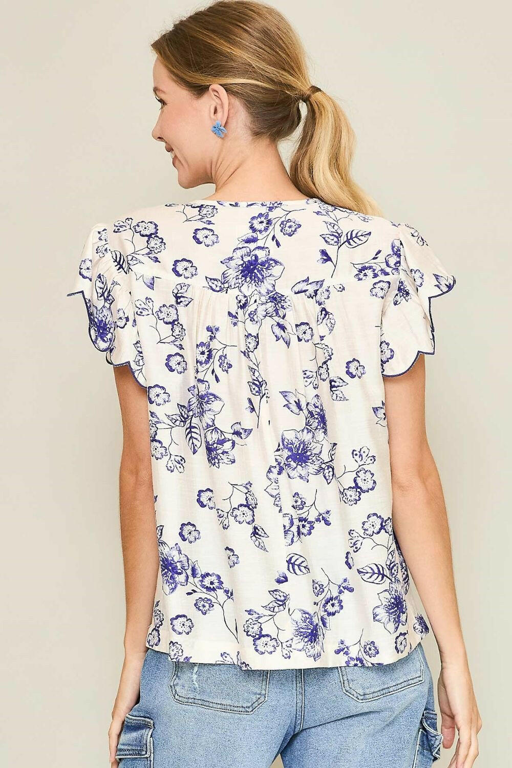 Umgee Full Size Floral Print Tassel Tie Neck Scalloped Sleeve Blouse Plus Size - StyleLure