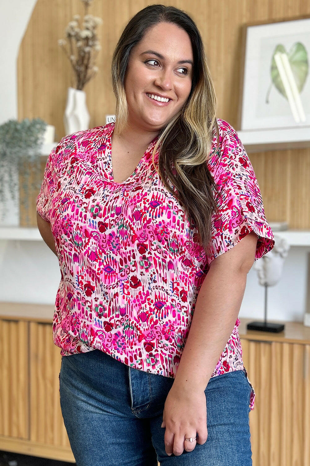 Double Take Full Size Printed V-Neck Short Sleeve Blouse - StyleLure