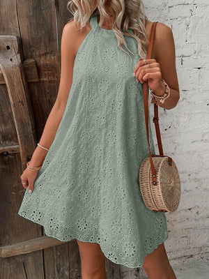Eyelet Grecian Neck Mini Dress - StyleLure