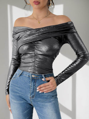 Perfee Ruched Off-Shoulder Long Sleeve Bodysuit - StyleLure