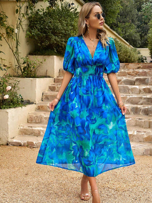 Devine Smocked Printed V-Neck Half Sleeve Midi Dress - StyleLure