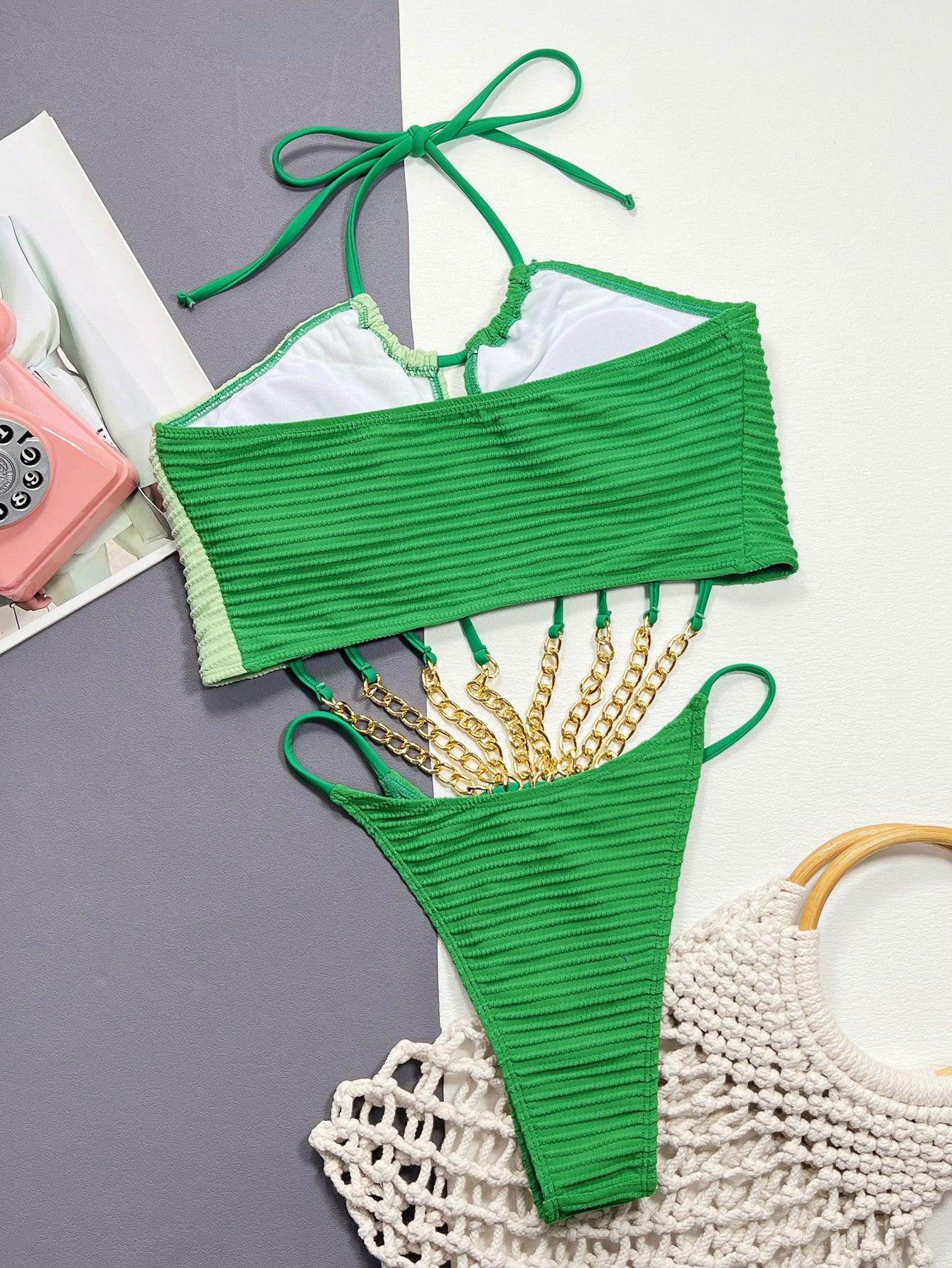 Contrast Halter Neck Chain Detail One-Piece Swimsuit - StyleLure