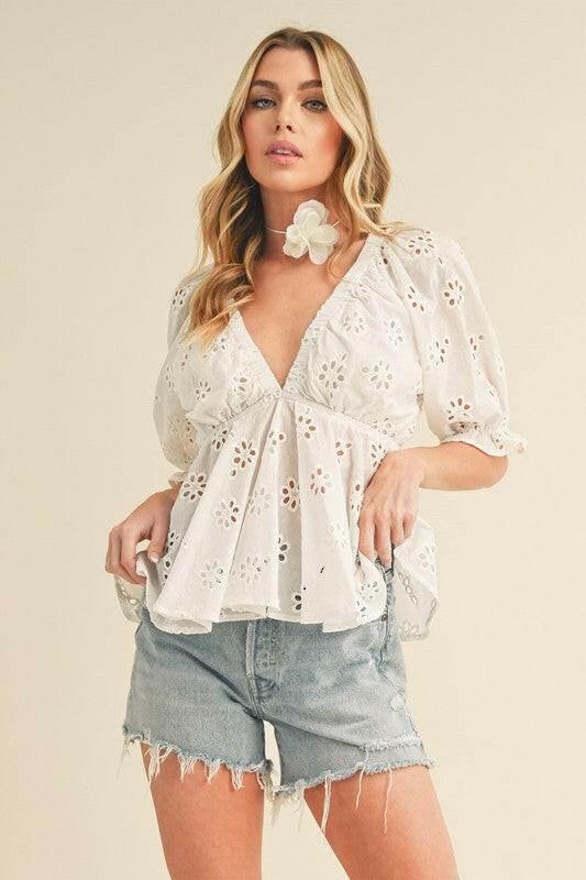 Aemi + Co Eyelet Embroidered V-Neck Half Sleeve Peplum Blouse - StyleLure