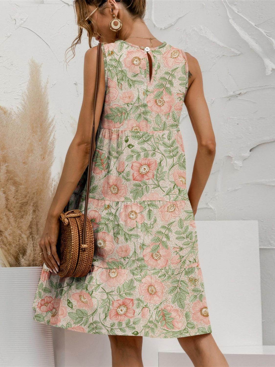 FAM-FAM Tiered Printed Round Neck Sleeveless Dress - StyleLure