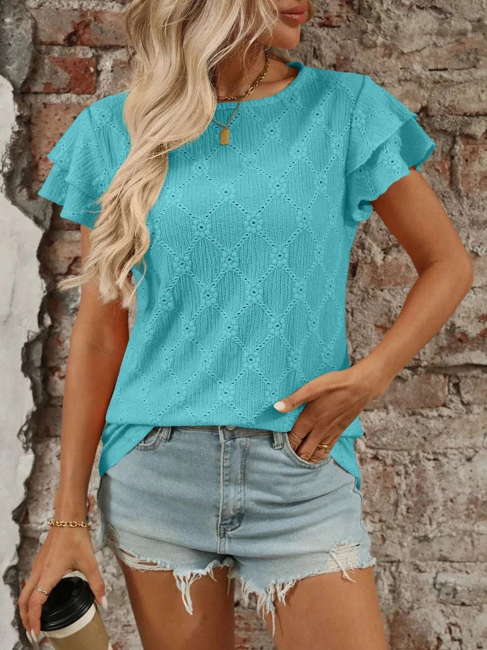 Blue eyelet round neck double layered ruffled short sleeve top with slight stretch