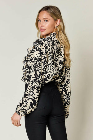 Double Take Full Size Printed Ruffle Trim Balloon Sleeve Shirt - StyleLure
