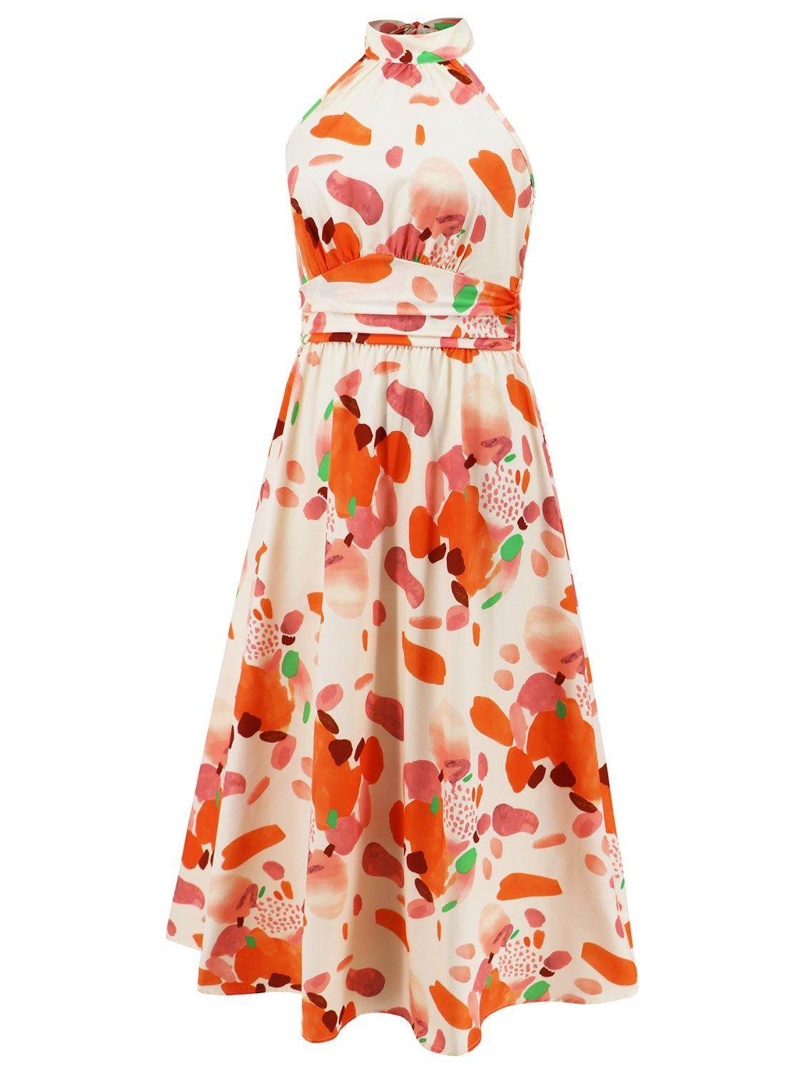 Ruched Printed Halter Neck Dress - StyleLure