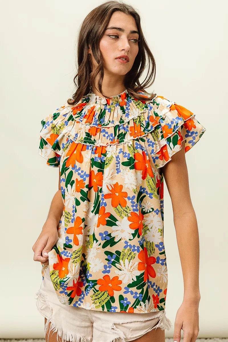 BiBi Multi Color Floral Print Woven Top - StyleLure