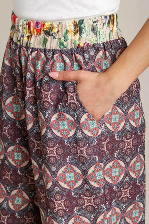 Umgee Full Size Mixed Print Elastic Waistband Pants Plus Size - StyleLure