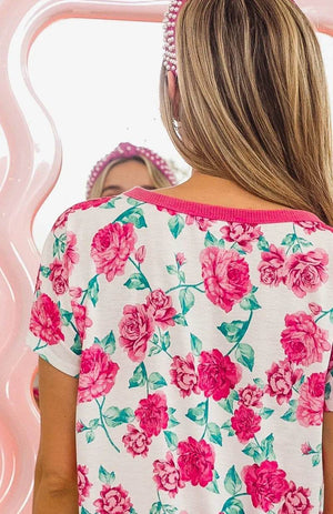 BiBi Rose Print Thermal Neck Binding Dolman Sleeves Top - StyleLure