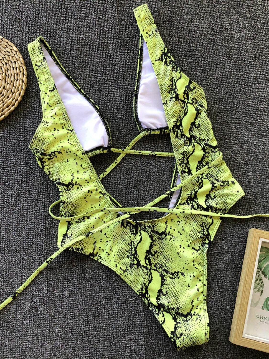Lace-Up Backless Plunge One-Piece Swimwear - StyleLure