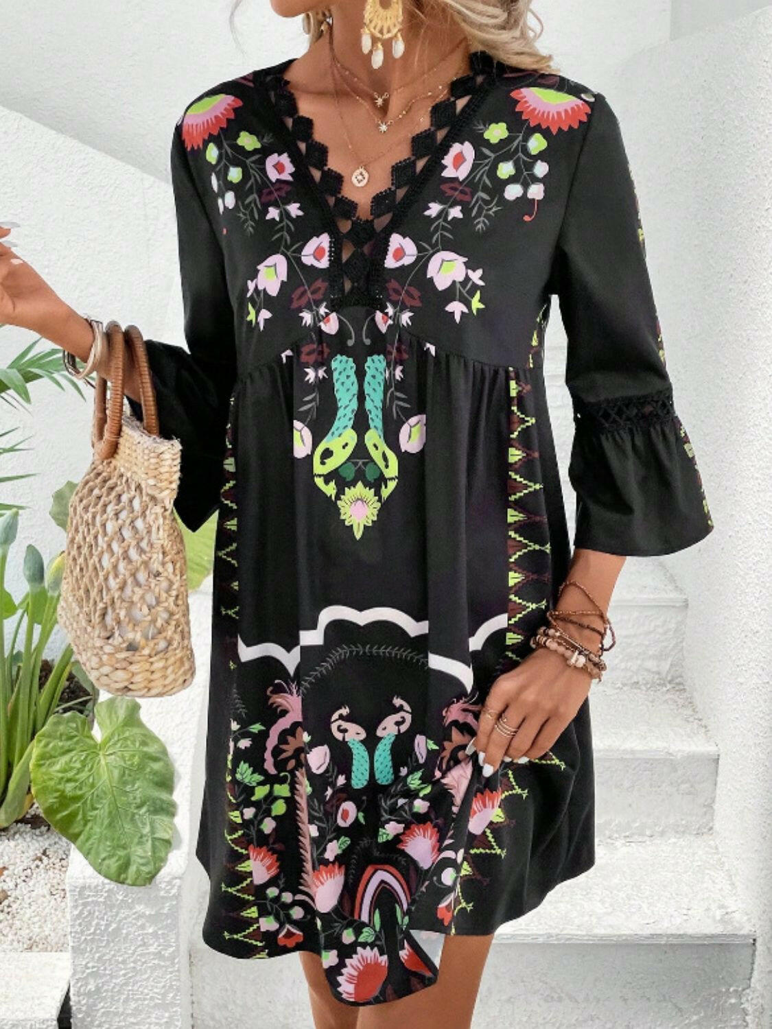 Lace Detail Printed Three-Quarter Sleeve Dress - StyleLure