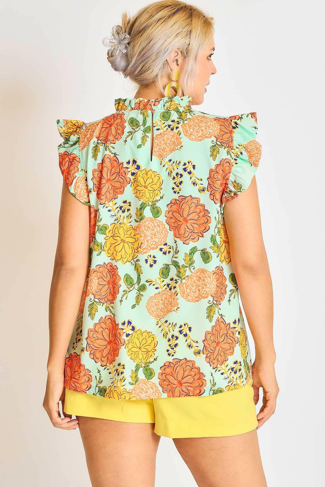 Umgee Plus Size Floral Print Ruffled Cap Sleeve Blouse - StyleLure