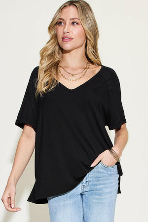 Basic Bae Full Size Bamboo Slit V-Neck Short Sleeve T-Shirt - StyleLure