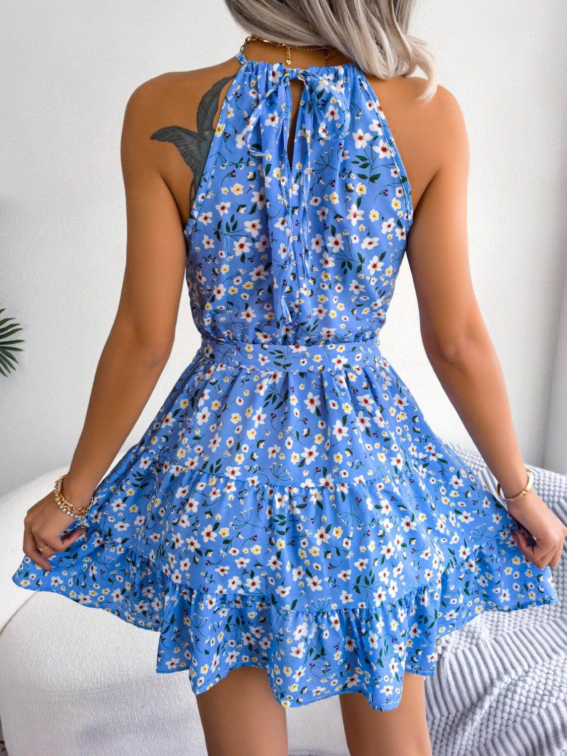 Tied Printed Grecian Neck Mini Dress - StyleLure