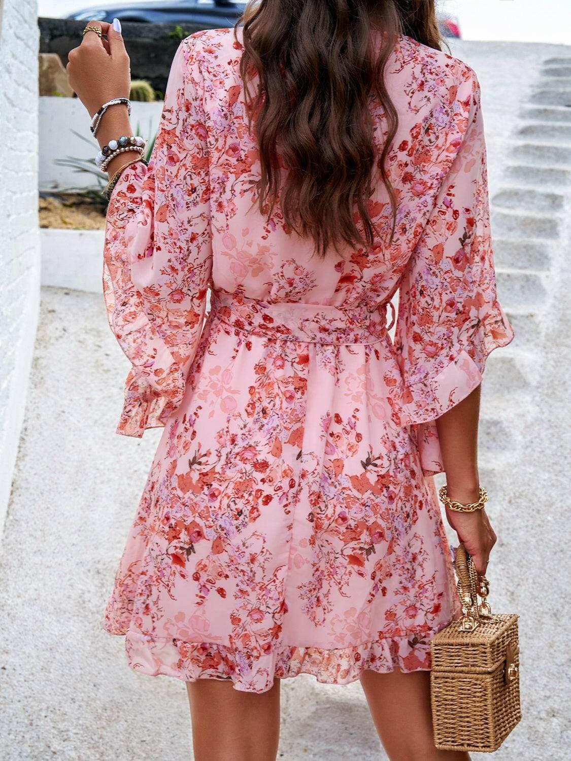 Devine Ruffled Printed Surplice Half Sleeve Mini Dress - StyleLure