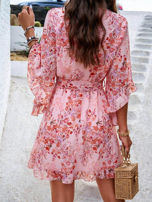 Devine Ruffled Printed Surplice Half Sleeve Mini Dress - StyleLure