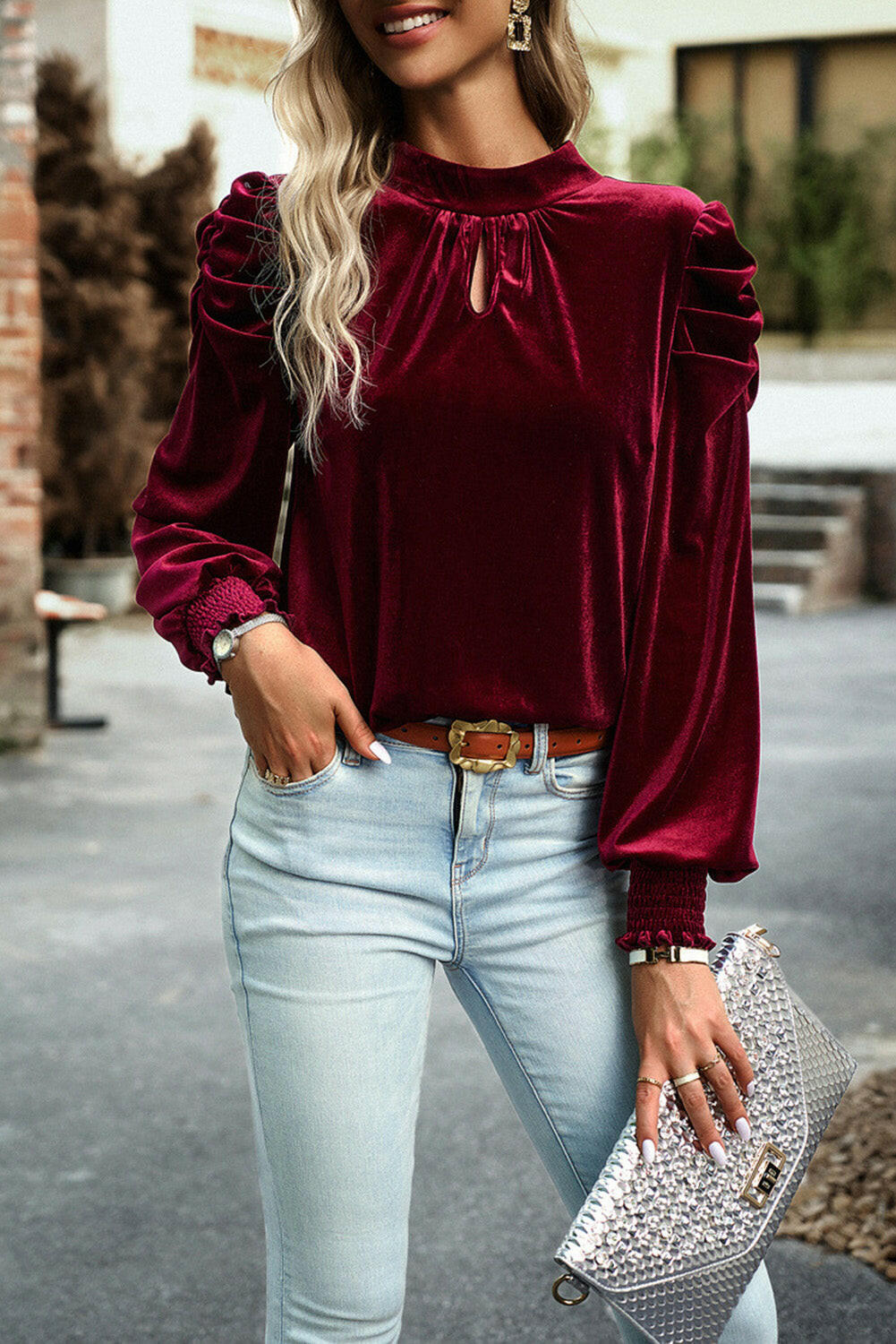 Tie Up Mock Neck Velvet Fabric Long Sleeve Blouse - StyleLure