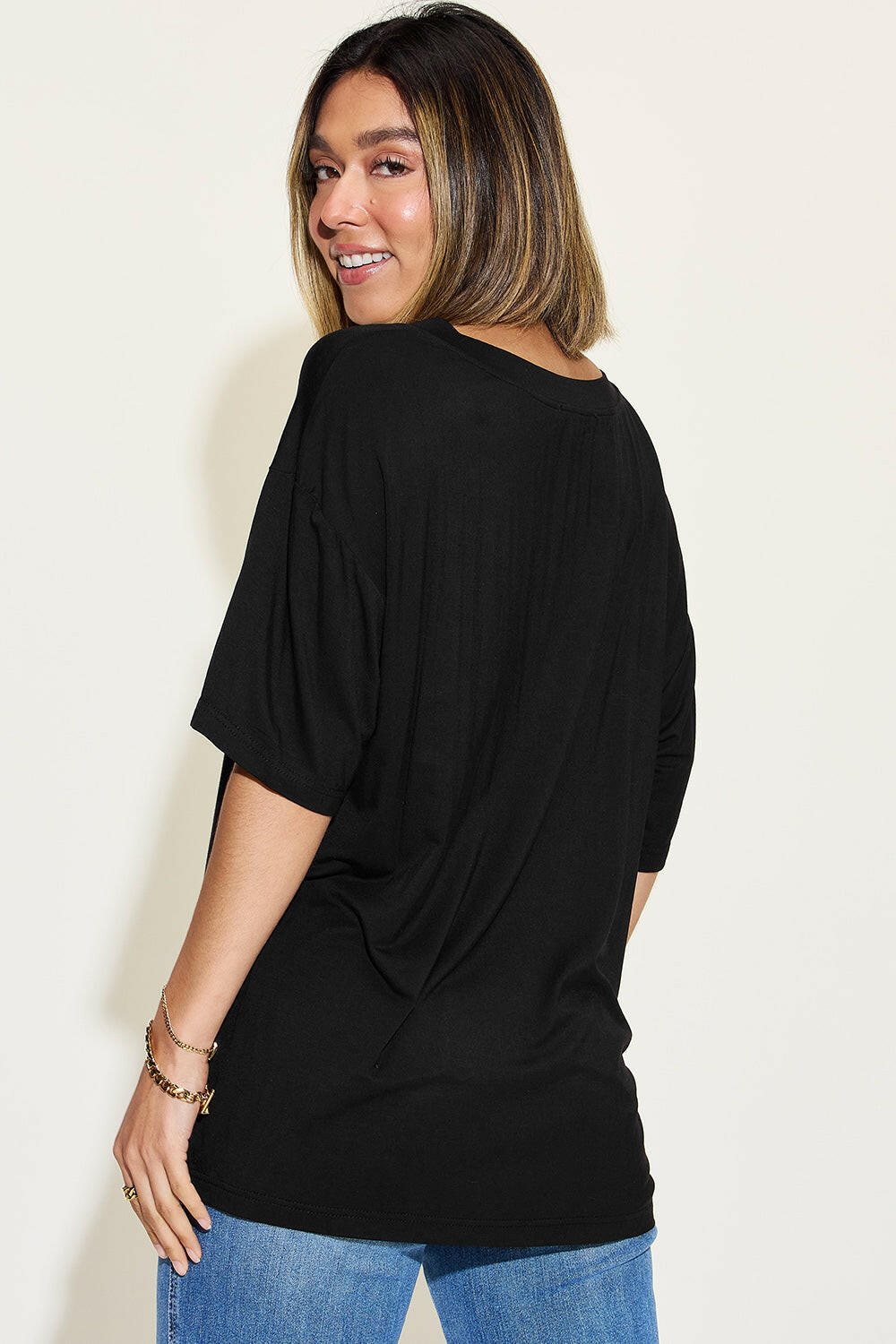 Basic Bae Full Size Bamboo V-Neck Drop Shoulder T-Shirt - StyleLure