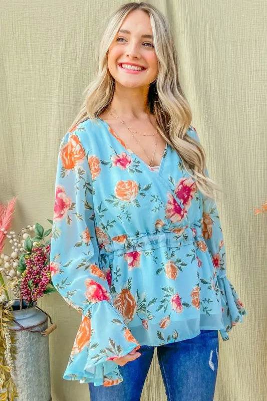 And The Why Floral Print Draw String Bell Sleeve Top - StyleLure