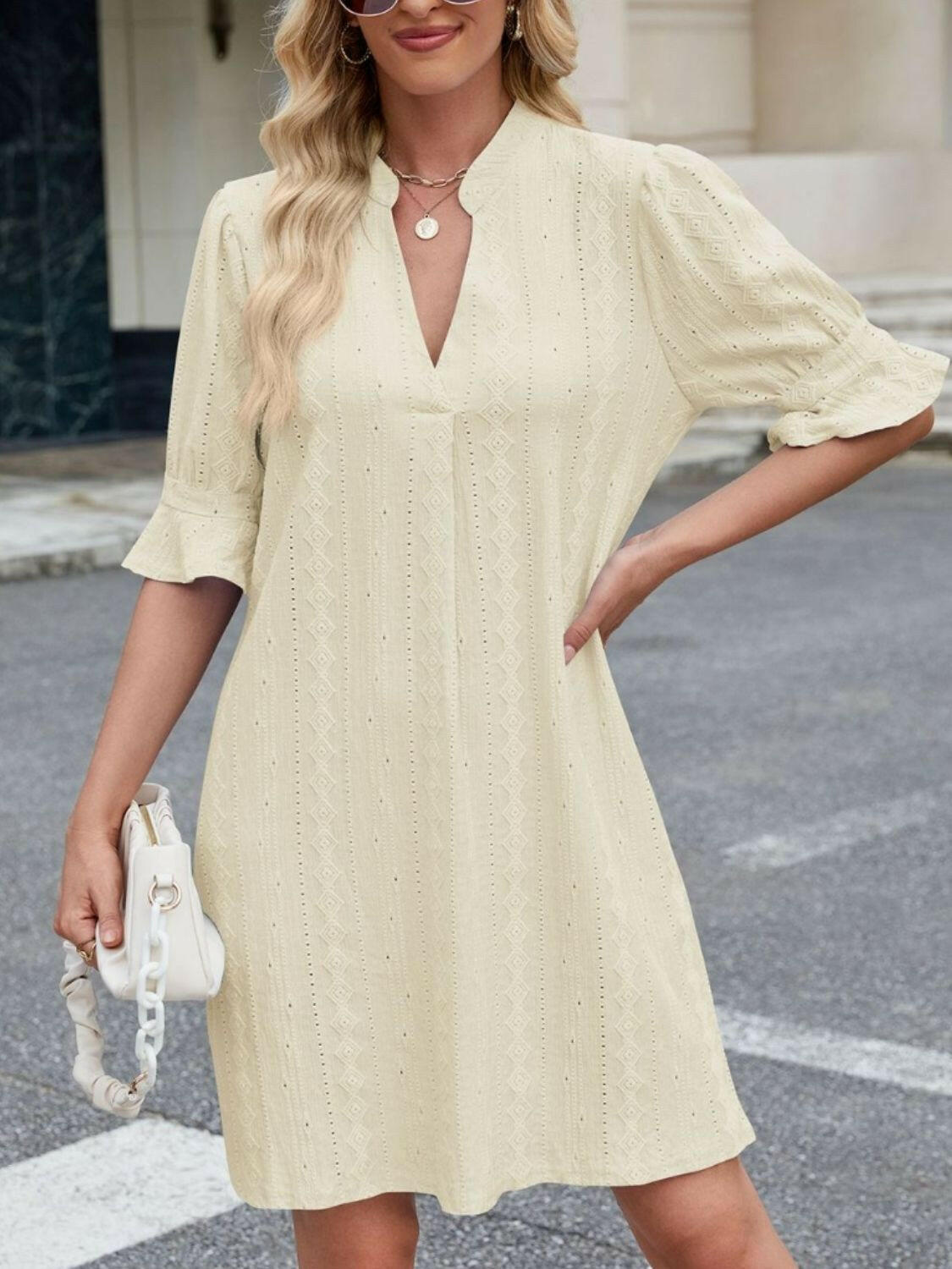 Eyelet Flounce Sleeve Mini Dress - StyleLure