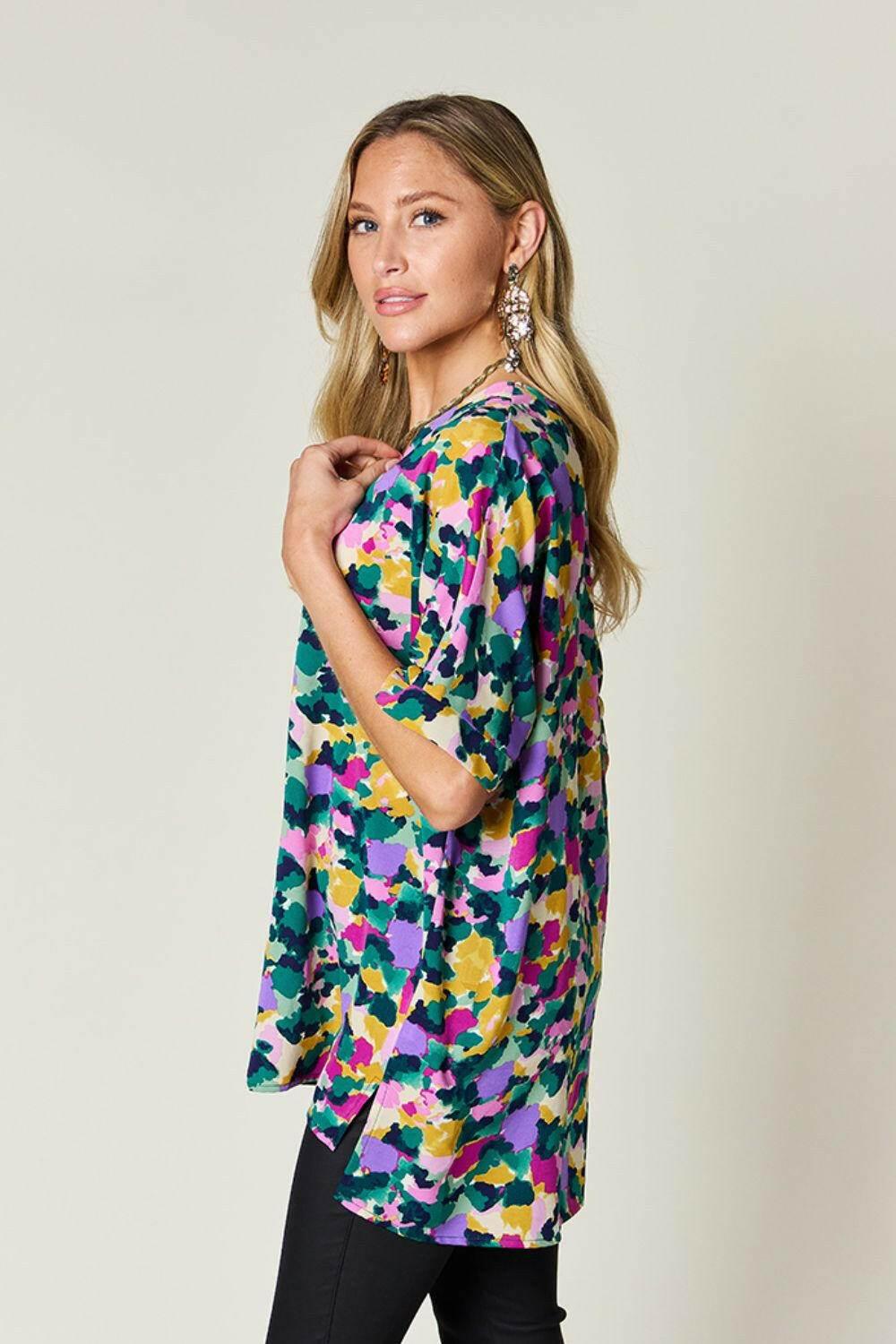 Double Take Full Size Printed V-Neck Short Sleeve Side Slit Top - StyleLure