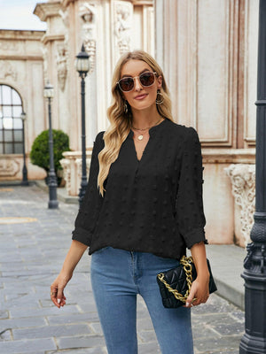 Swiss Dot Notched Neck Blouse - StyleLure