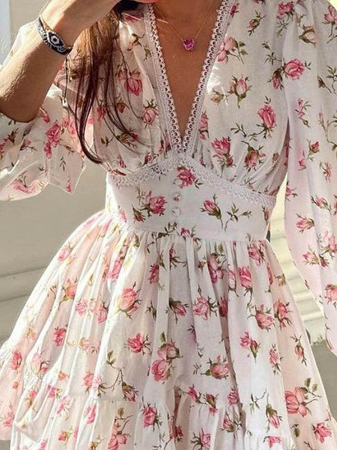 Lace Detail V-Neck Balloon Sleeve Dress - StyleLure