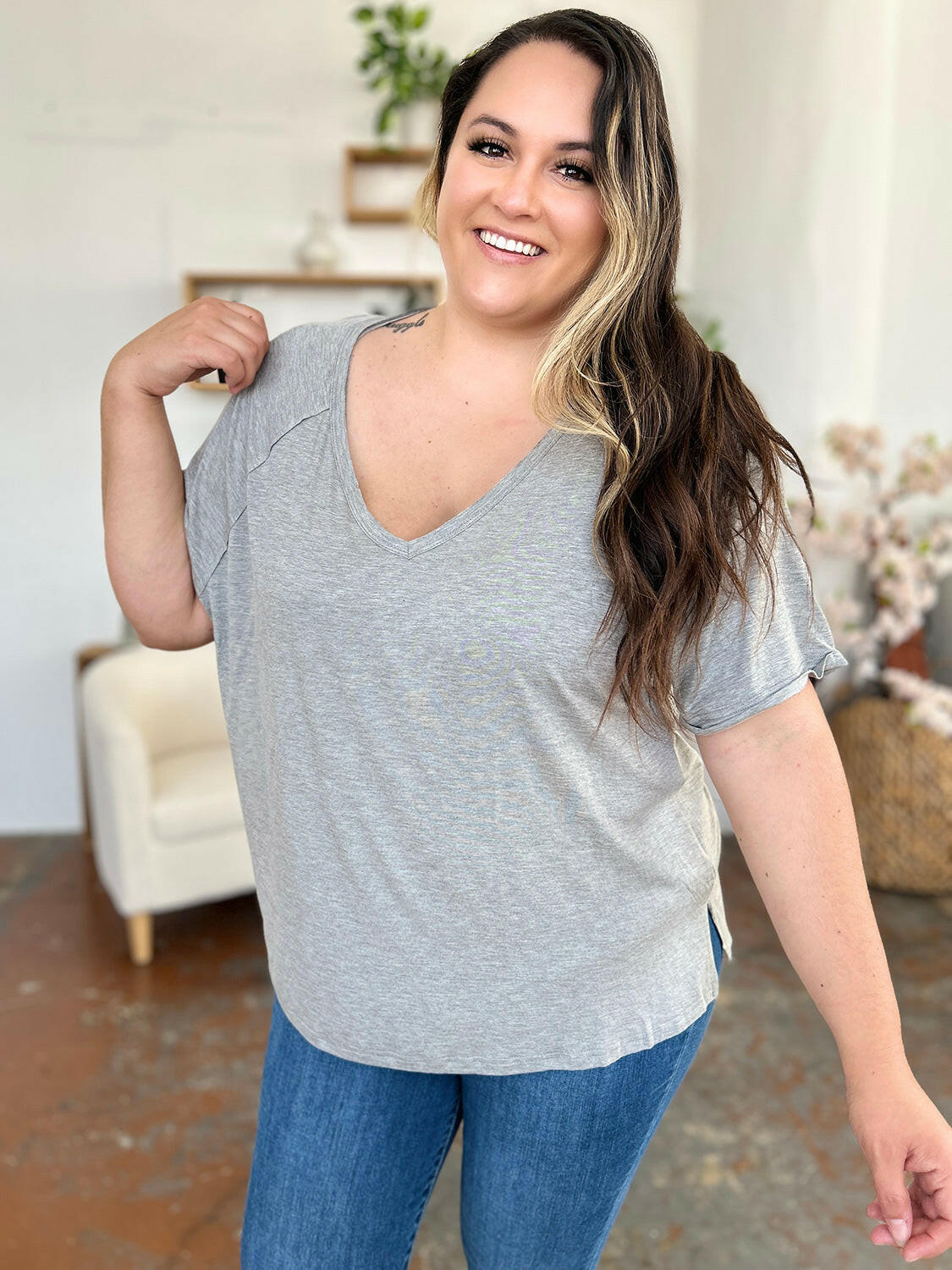 Basic Bae Full Size Bamboo Slit V-Neck Short Sleeve T-Shirt - StyleLure