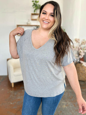 Basic Bae Full Size Bamboo Slit V-Neck Short Sleeve T-Shirt - StyleLure