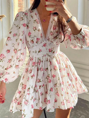 Lace Detail V-Neck Balloon Sleeve Dress - StyleLure