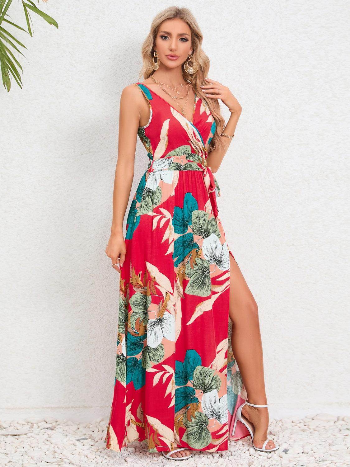 Slit Tied Printed Surplice Dress - StyleLure