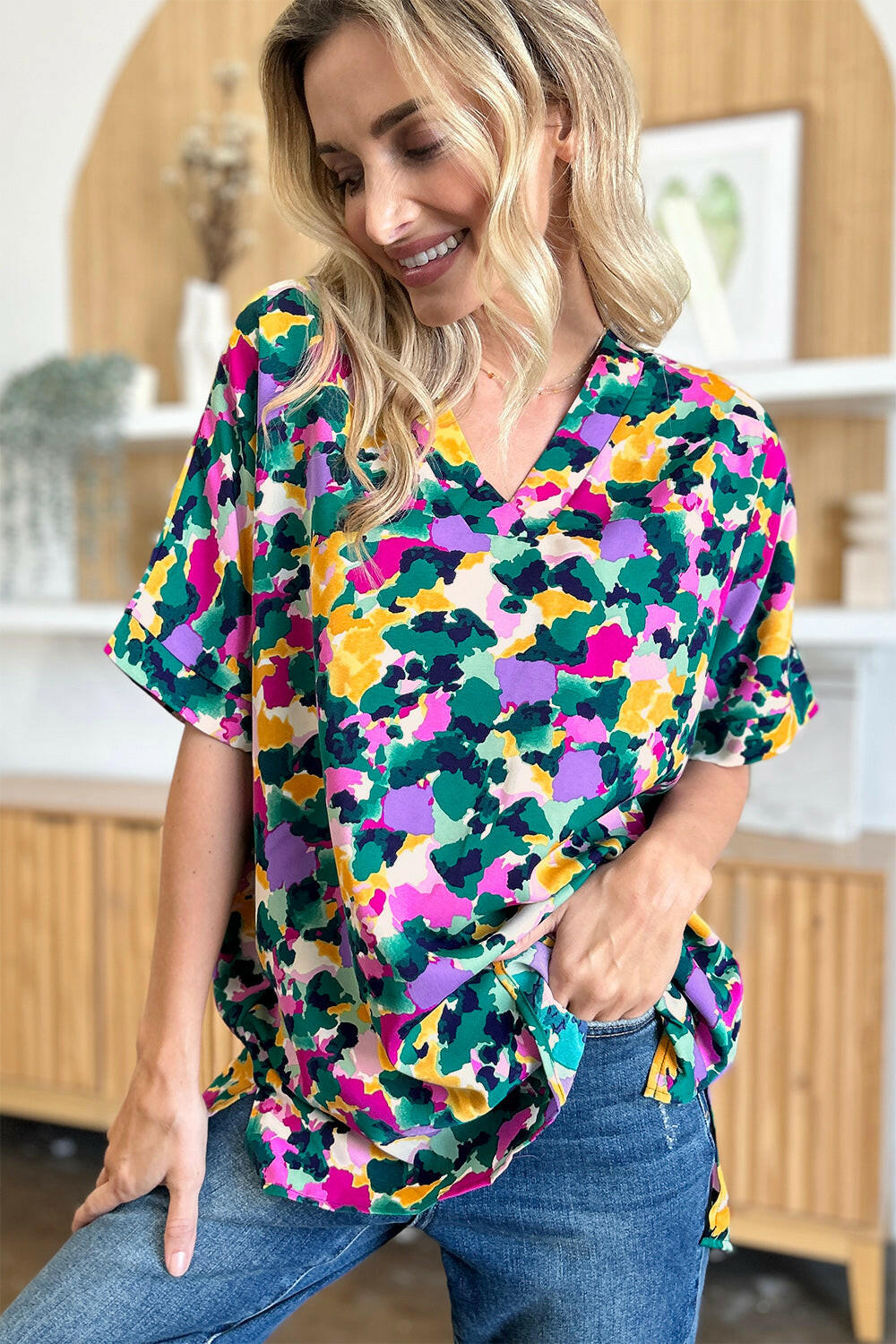 Double Take Full Size Printed V-Neck Short Sleeve Side Slit Top - StyleLure
