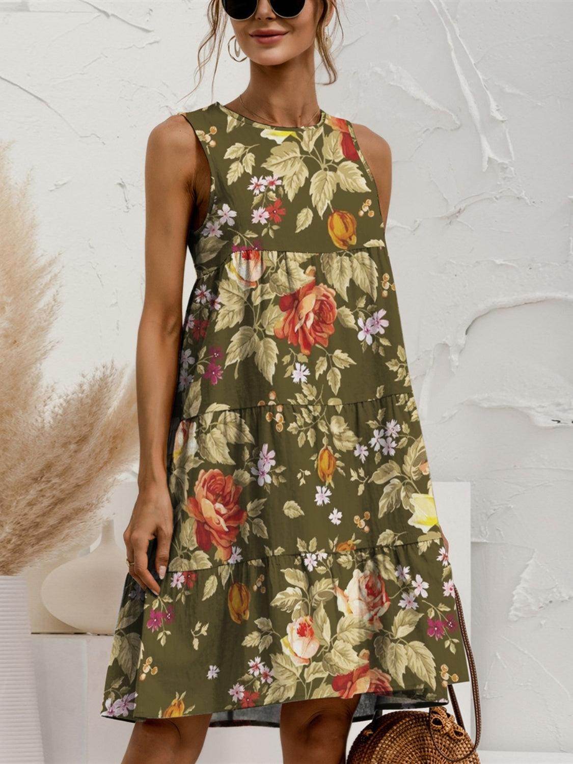 FAM-FAM Tiered Printed Round Neck Sleeveless Dress - StyleLure