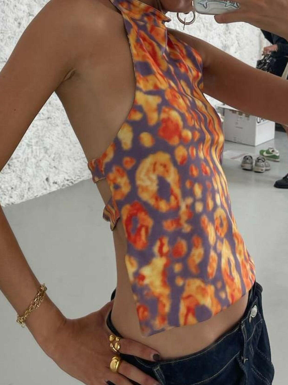 Backless Printed Halter Neck Tank - StyleLure