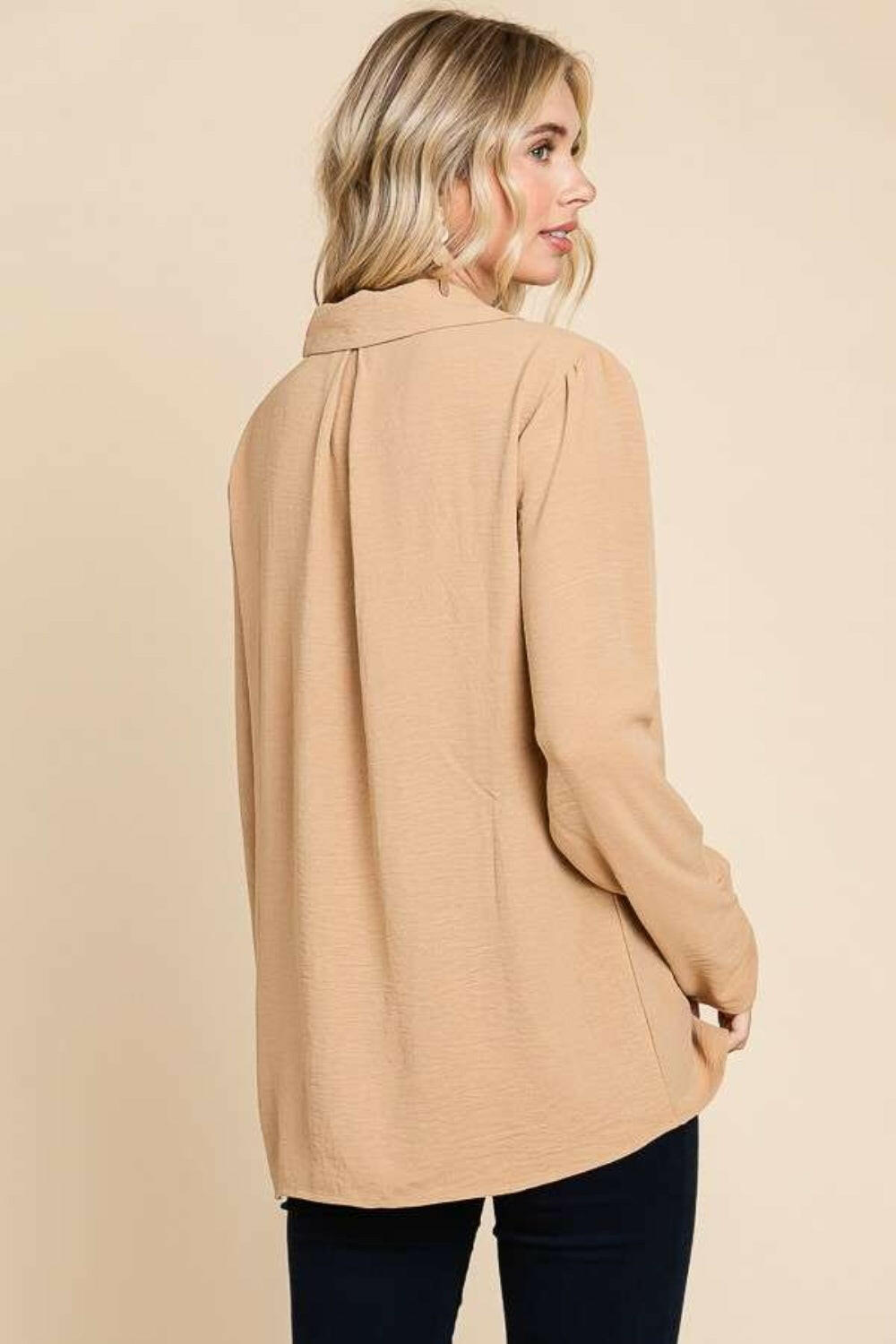 Culture Code Full Size Lapel Collar Ruched Long Sleeve Blouse - StyleLure