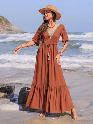 Ruffled Tassel V-Neck Flutter Sleeve Dress - StyleLure