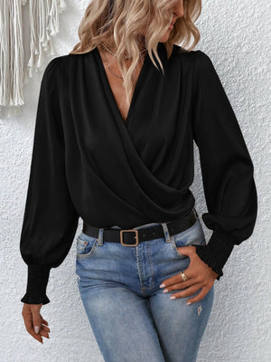 Surplice Smocked Lantern Sleeve Blouse - StyleLure