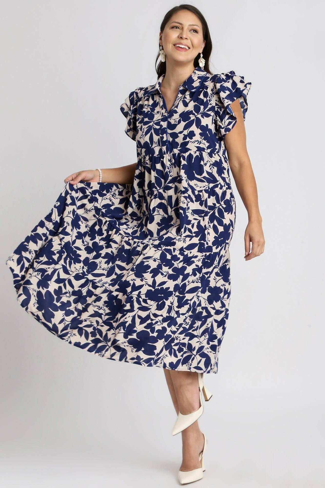 Umgee Full Size Floral Collared Ruffle Cap Sleeve Midi Dress Plus Size - StyleLure