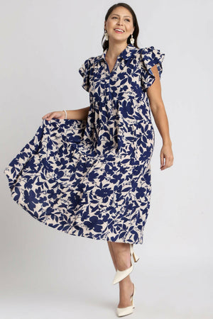 Umgee Full Size Floral Collared Ruffle Cap Sleeve Midi Dress Plus Size - StyleLure