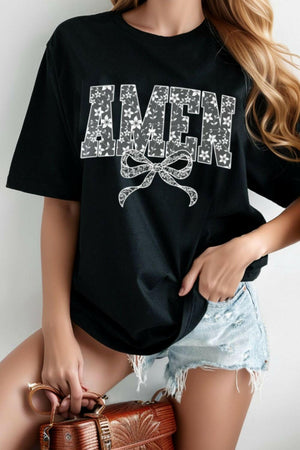 Black AMEN Bow Round Neck short sleeve T-shirt with floral print and bow design, slightly stretchy fabric