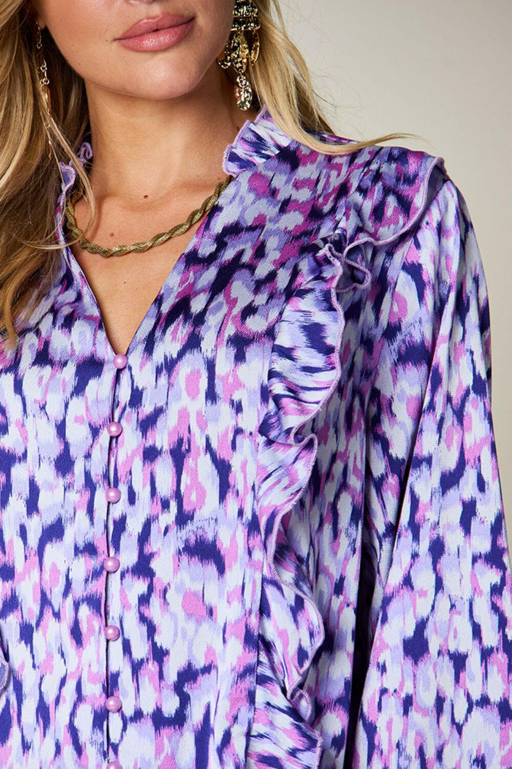 Double Take Full Size Printed Ruffle Trim Balloon Sleeve Shirt - StyleLure
